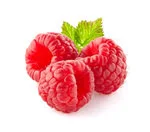 Three Raspberry fruits with leaves in white background