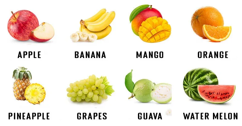 List of fruits name in English with pictures in white background.