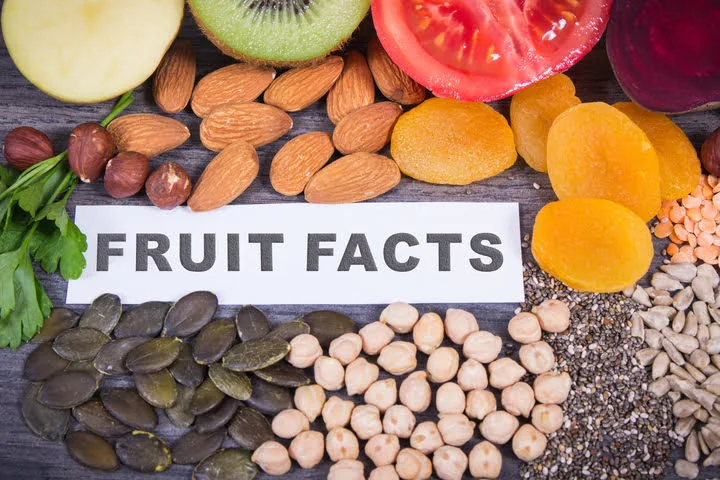 image with full of fruits surrounding a fruit facts banner