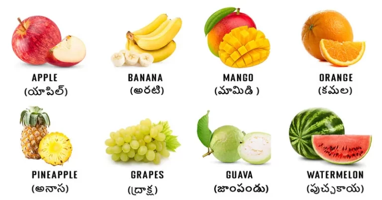 fruits name in Telugu and English with beautiful pictures in white background