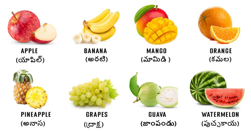 fruits name in Telugu and English with beautiful pictures in white background