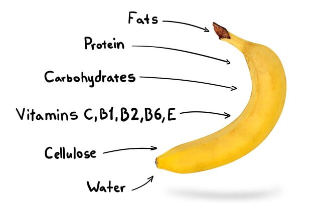 regular banana nutritional values in white background.