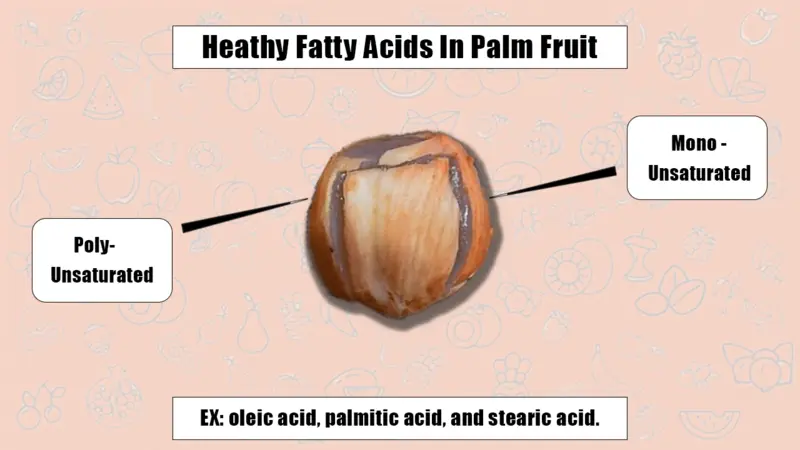Image containing palm fruit with title Heathy fatty acids in palm fruit, types and Eamples.