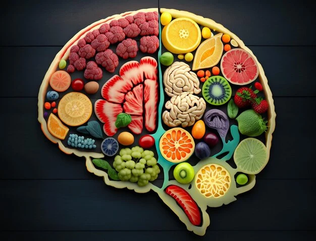 fruits are arranged in brain shape in dark blue background with light scattering from top.