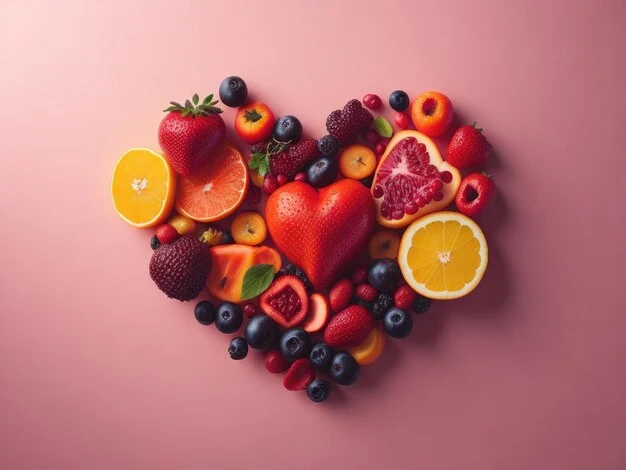 Bunch of fruits arranged in heart shape in pink background.