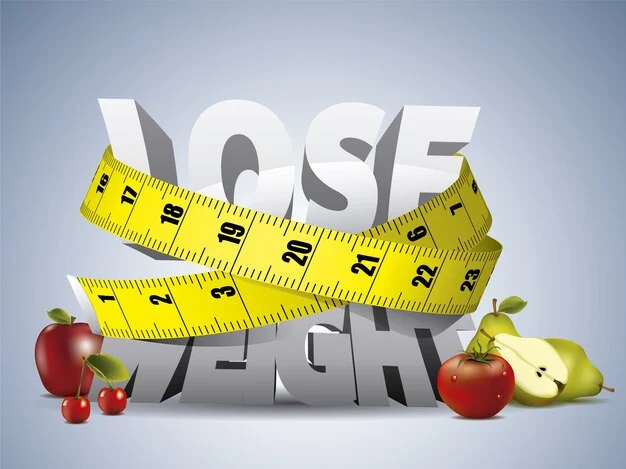 weight loss surrounded by Inch tape with fruits in silver background