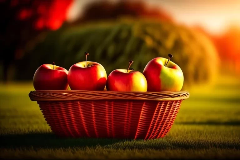 basket of apples on the grass in a sunset moment.