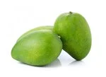Three raw green mango in white background