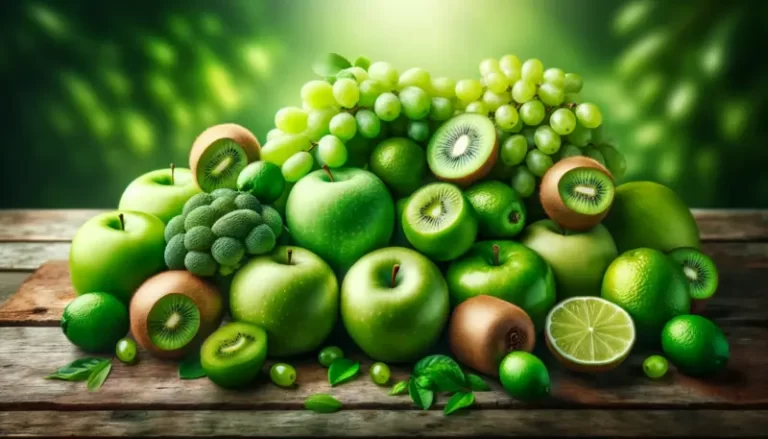 List of green fruits name in attractive background on a wooden table