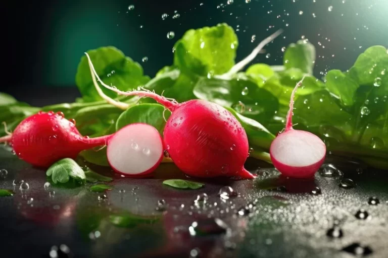 radish with leaves on black table and with light effect from top right side.