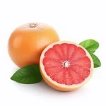 red grapefruit half sliced with leaves in white background