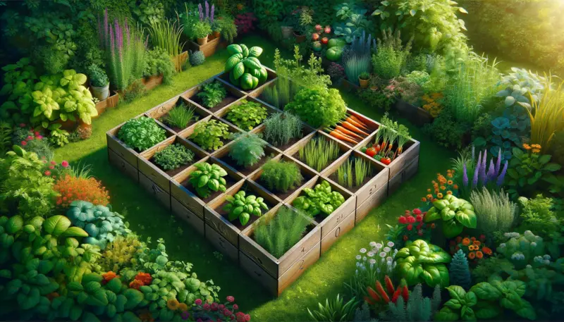 Here are the images of the square-shaped garden box divided into 16 smaller squares, with a variety of plants like herbs and vegetables, set in a lush and vibrant garden.