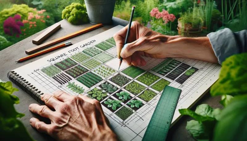 Here are the images depicting a close-up of a gardener's hands drawing a square foot garden layout in a planner, with a pencil and ruler, against the backdrop of a flourishing garden.