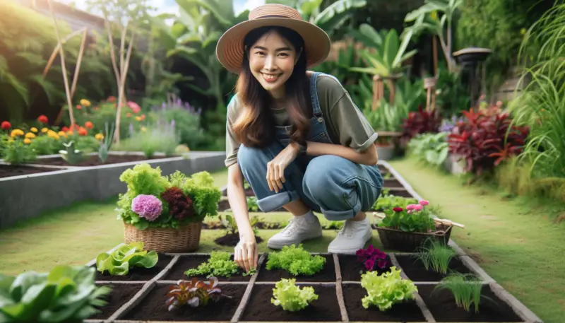 Here are the images showing a person tending to a square foot garden, capturing the ease of access, simplicity, and enjoyment of gardening in such a space. The gardener's relaxed and happy demeanor highlights the pleasure of engaging with nature in a well-organized garden.