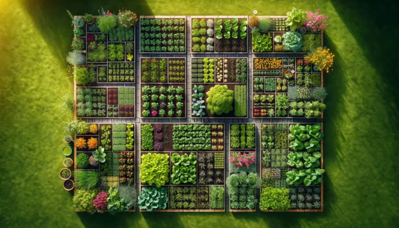 Here are the images showing an aerial view of a well-organized square foot garden. The layout demonstrates an efficient use of space with a variety of plants in clearly defined squares, providing a comprehensive look at an effective garden design.
