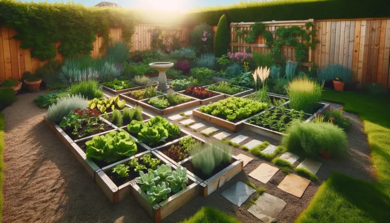 Here are two images of a picturesque square foot garden in a sunny area. You can see the variety of vegetables and herbs, the small pathway leading to a birdbath, and the surrounding environment.