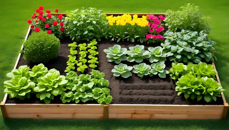 An illustrative display of key components of square foot gardening, including layout design, plant selection, soil preparation, and maintenance strategy, in a vibrant garden setting.