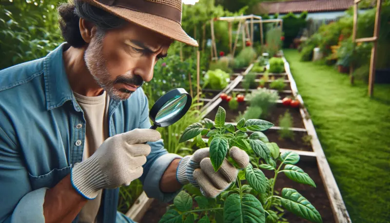 Here are the images depicting a gardener inspecting a plant leaf with a magnifying glass in a well-maintained square foot garden. The scene captures the careful attention to detail in gardening and the importance of monitoring plant health.