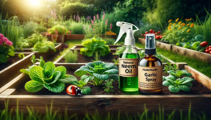 Here are the images depicting natural remedies for garden pest control, including neem oil, garlic spray, and ladybugs on plants, set in a healthy square foot garden.