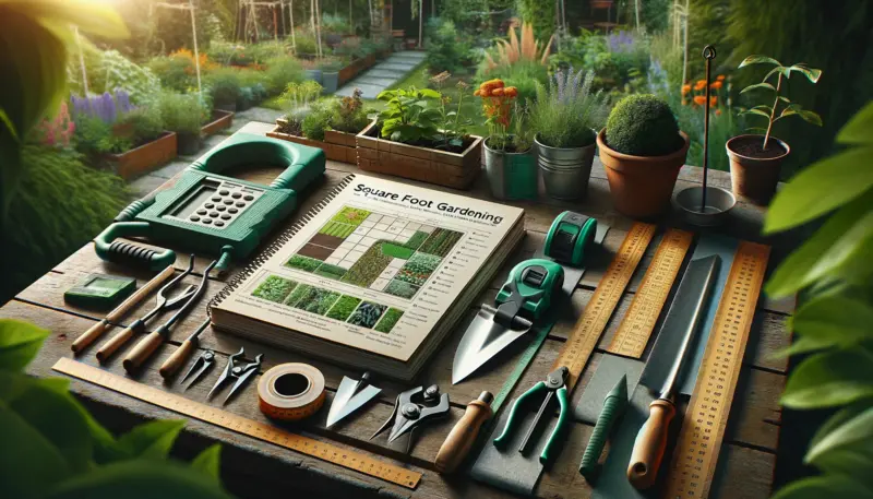 Here are the images showcasing a variety of essential gardening tools laid out neatly, including a square foot gardening planner, measuring tape, garden trowel, pruners, and a soil testing kit, with a lush garden in the background.