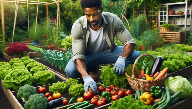 A man is harvesting his vegetables from a square foot gardening method with a high yield.