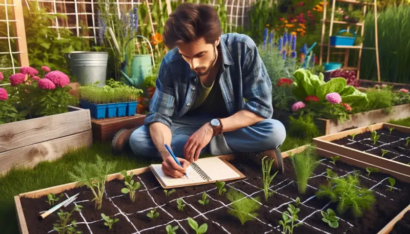 Here are the images showing a gardener marking plant growth stages in a journal with a square foot garden in the background. The garden vividly showcases various growth phases of plants.