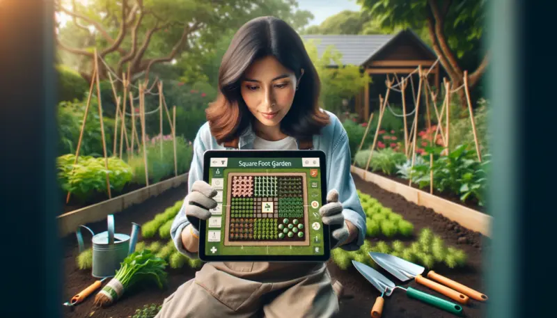 Here are the images depicting a gardener using a digital tablet with a square foot gardening planner app, showing a virtual garden layout, with gardening tools and a real garden in the background.