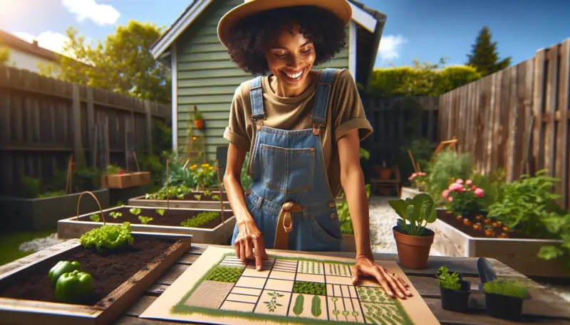 he enthusiastic beginner gardener looking at a square foot gardening planner with a small backyard garden in the background.