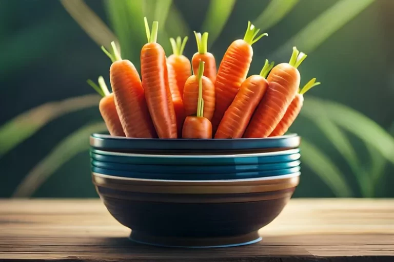 bunch of carrots aligned vertically in a wooden bowl on a wooden table.