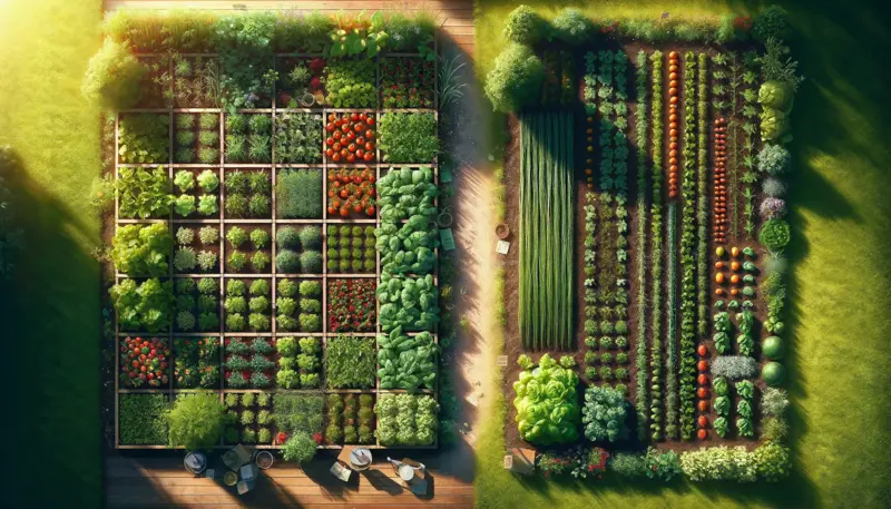 the images showcasing a comparison between a square foot garden bed and a traditional row garden, highlighting the efficient use of space in square foot gardening.