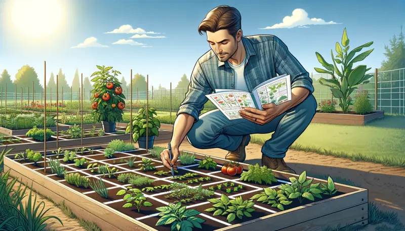the images illustrating a gardener organizing plants in a square foot garden using a planner, focusing on plant placement for sunlight and airflow.
