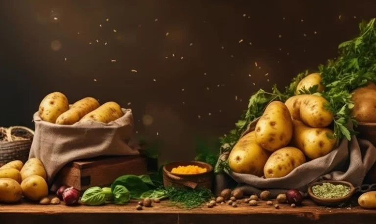 bag full of potatoes with leaves and powders on a wooden table under the sunlight.