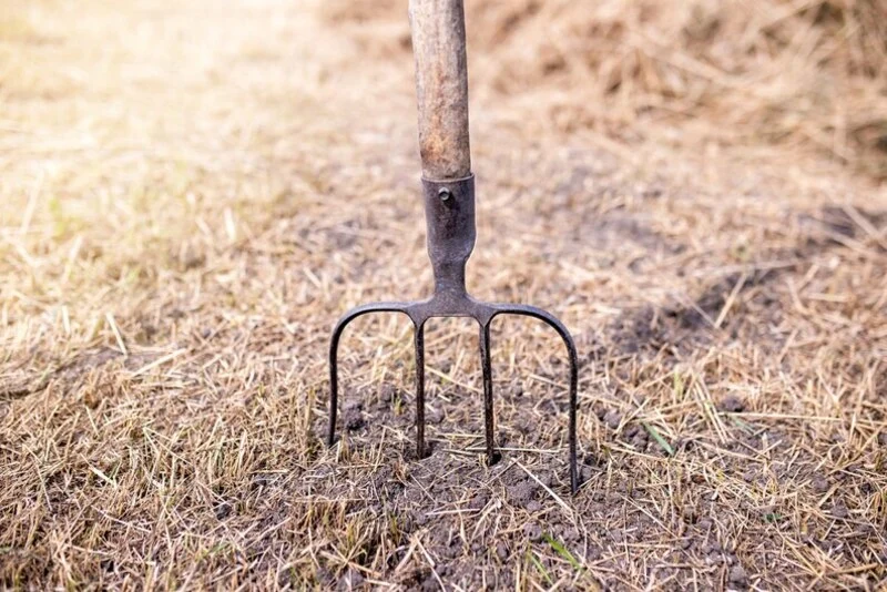 Digging Forks is pierced on hay and mud