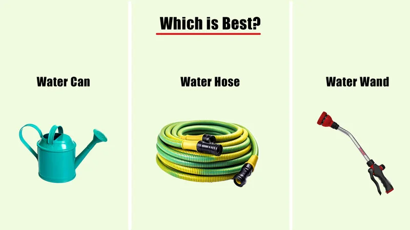 Watering tools image with names in light green background.