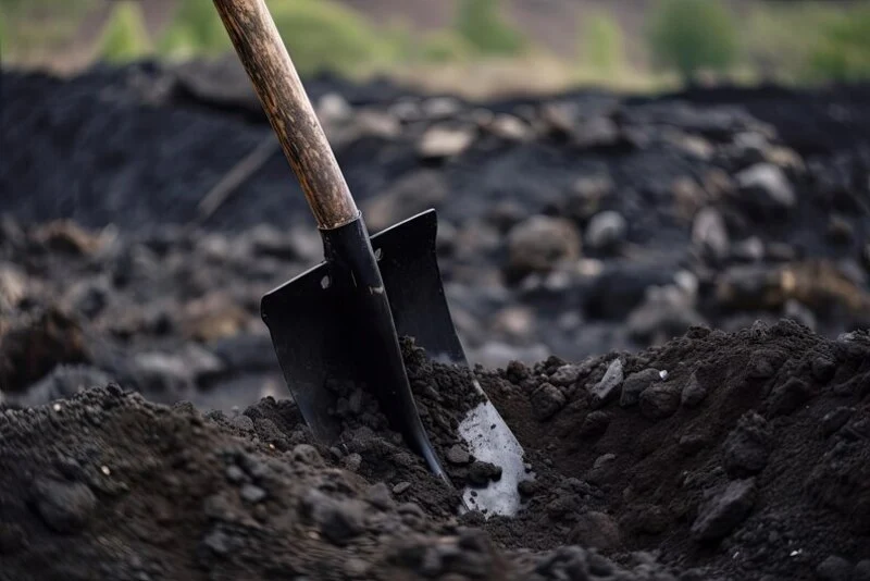 black metal Shovel dig on black mud