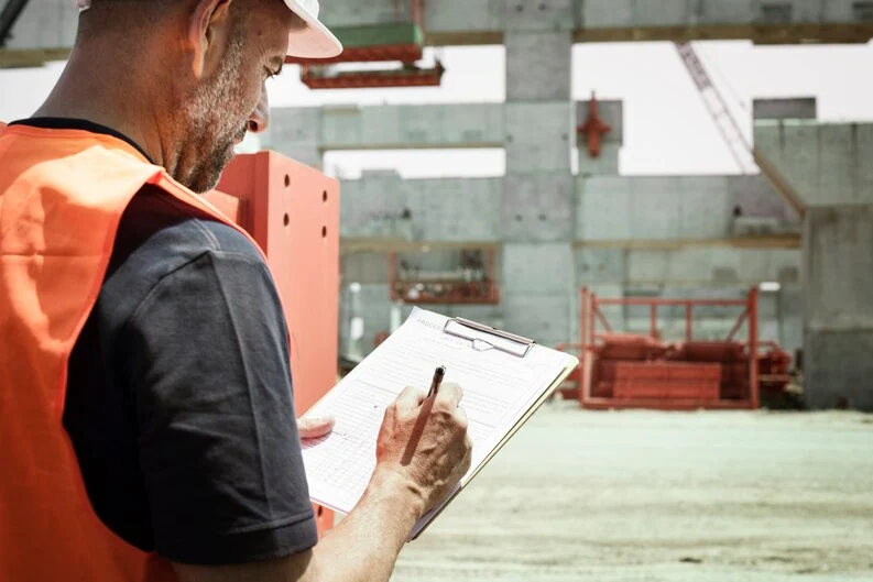 construction site with visible protection measures or insurance paperwork being reviewed